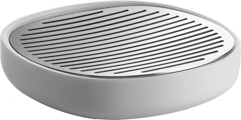 Weiße Alessi Birillo Seifenschale mit geripptem Edelstahleinsatz für Badezimmer und Küche.